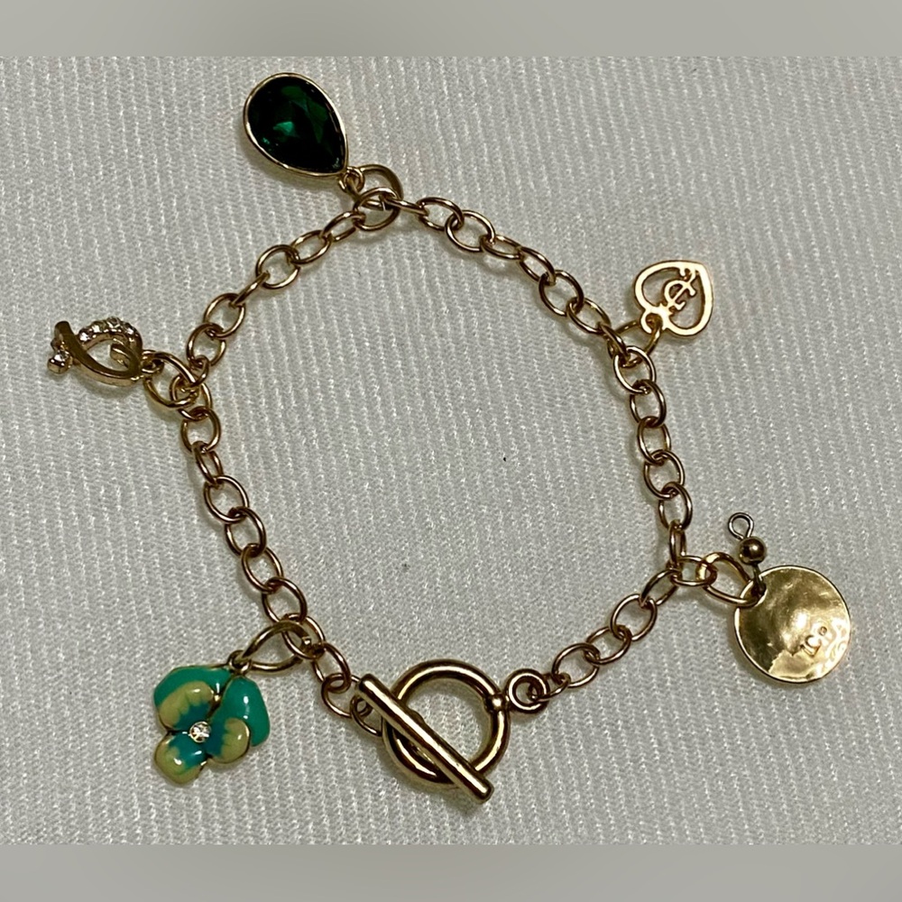 Gold tone Charm Bracelet with Green and Turquoise Accents